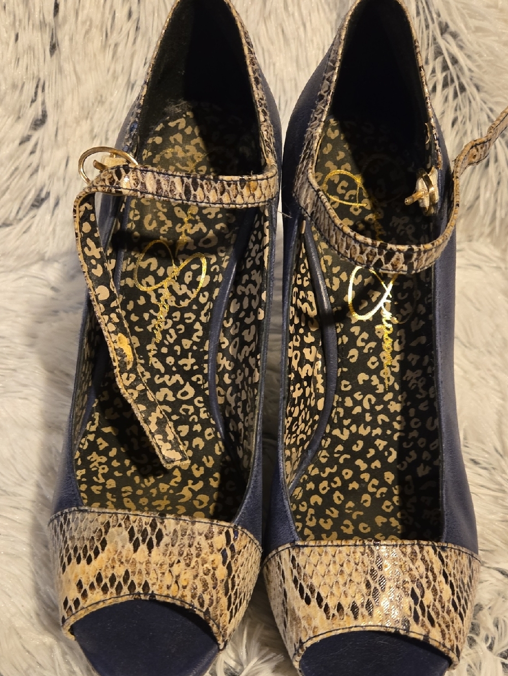 Jessica Simpson Navy Peep-Toe Wedges with Snake-Print Trim